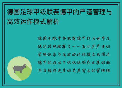 德国足球甲级联赛德甲的严谨管理与高效运作模式解析